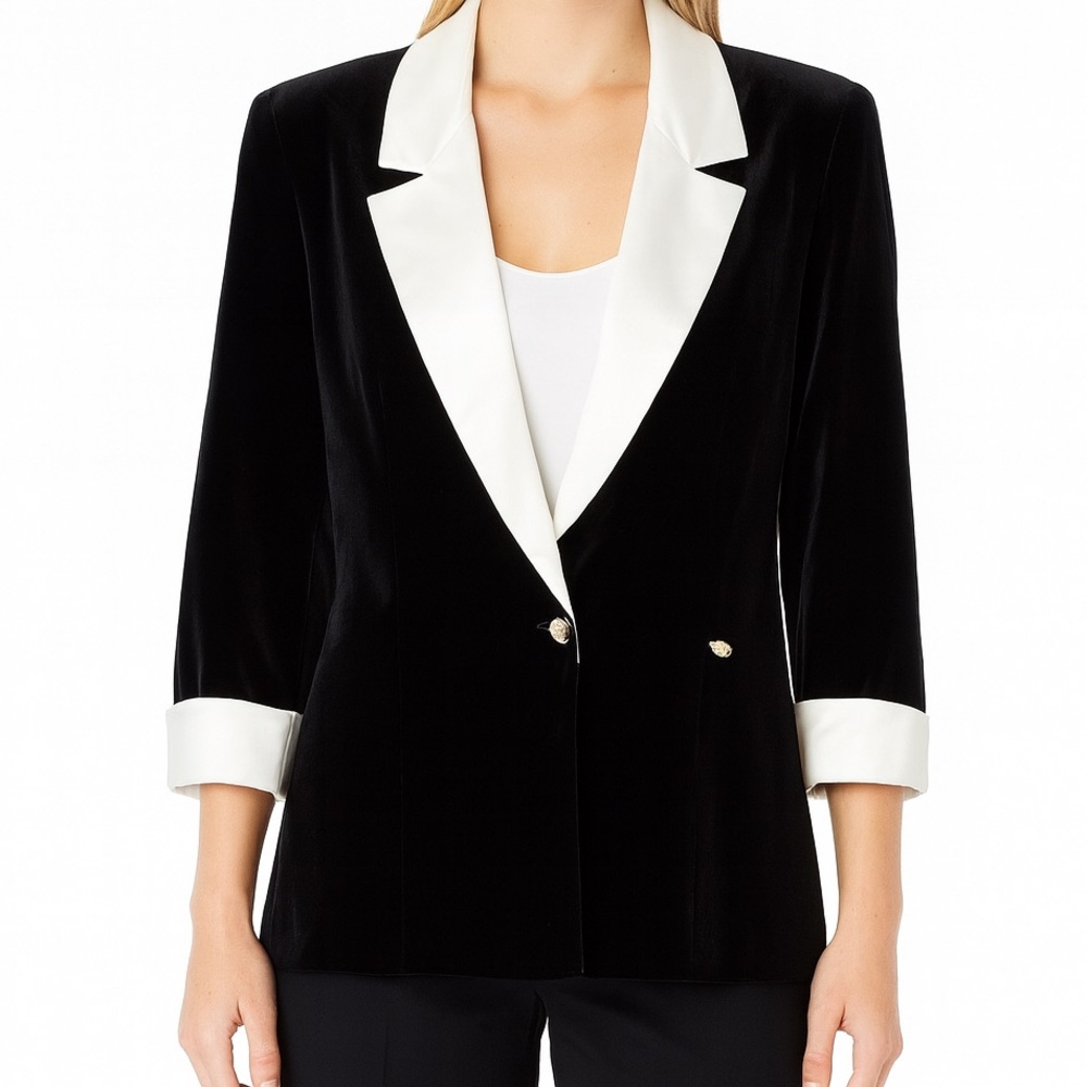 Alex Evenings Jacket Women's Size XL Velour Velvet Satin trimmed Black white NEW